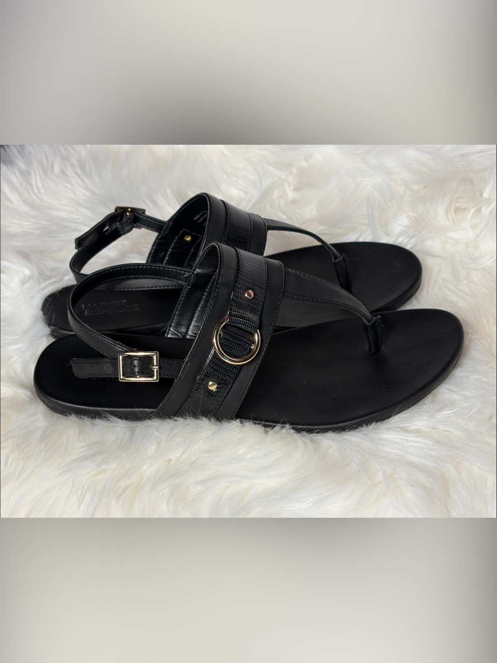 Market & Spruce Black T-Strap Sandals with Gold Ring Detail